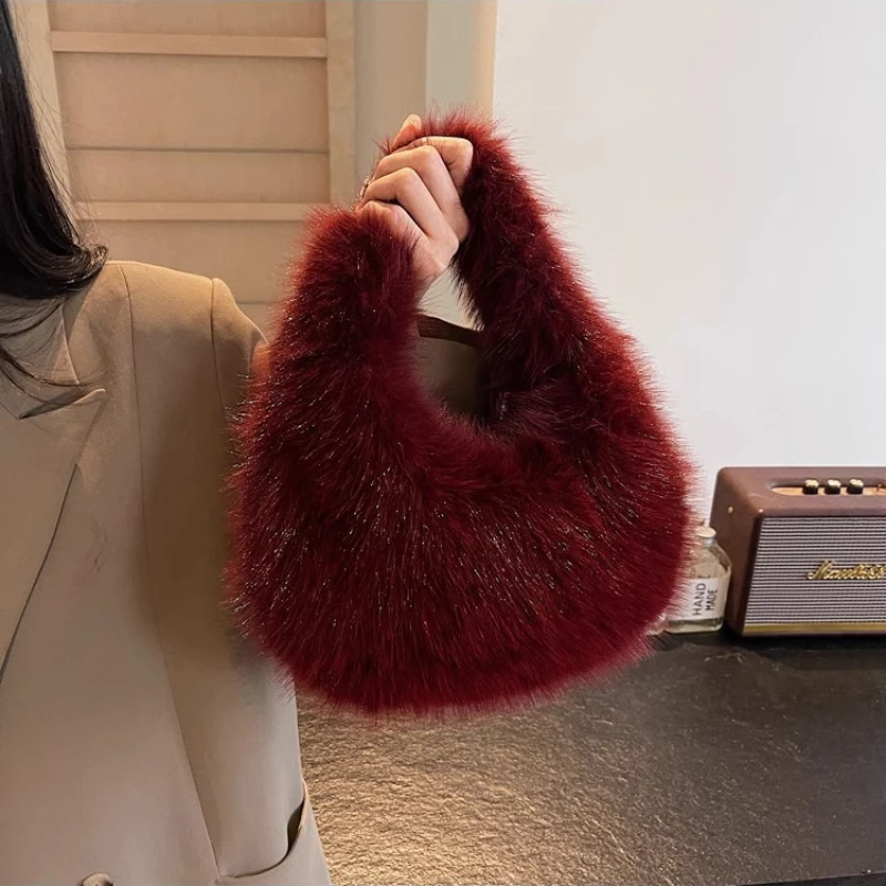 Soft Plush Women's Small Handbags Simple Faux Fur Female Fluffy Clutch Purse Winter Fashion Furry Tote Solid Color Shoulder Bags - Image 2