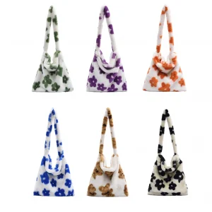 Women Cute Shoulder Bags Fluffy Flower Crossbody Bags Autumn Winter Plush Tote Handbag Large Capacity Fashion Messenger Bag