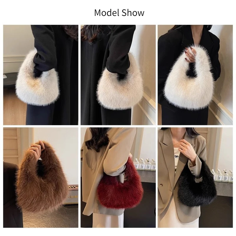 Soft Plush Women's Small Handbags Simple Faux Fur Female Fluffy Clutch Purse Winter Fashion Furry Tote Solid Color Shoulder Bags - Image 4