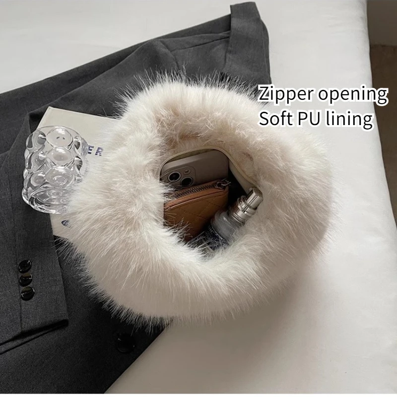 Soft Plush Women's Small Handbags Simple Faux Fur Female Fluffy Clutch Purse Winter Fashion Furry Tote Solid Color Shoulder Bags - Image 5